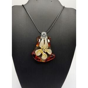 Amber Lampwork Glass Frog Pendant Necklace on Black Faux Leather Cord 20 to 22"